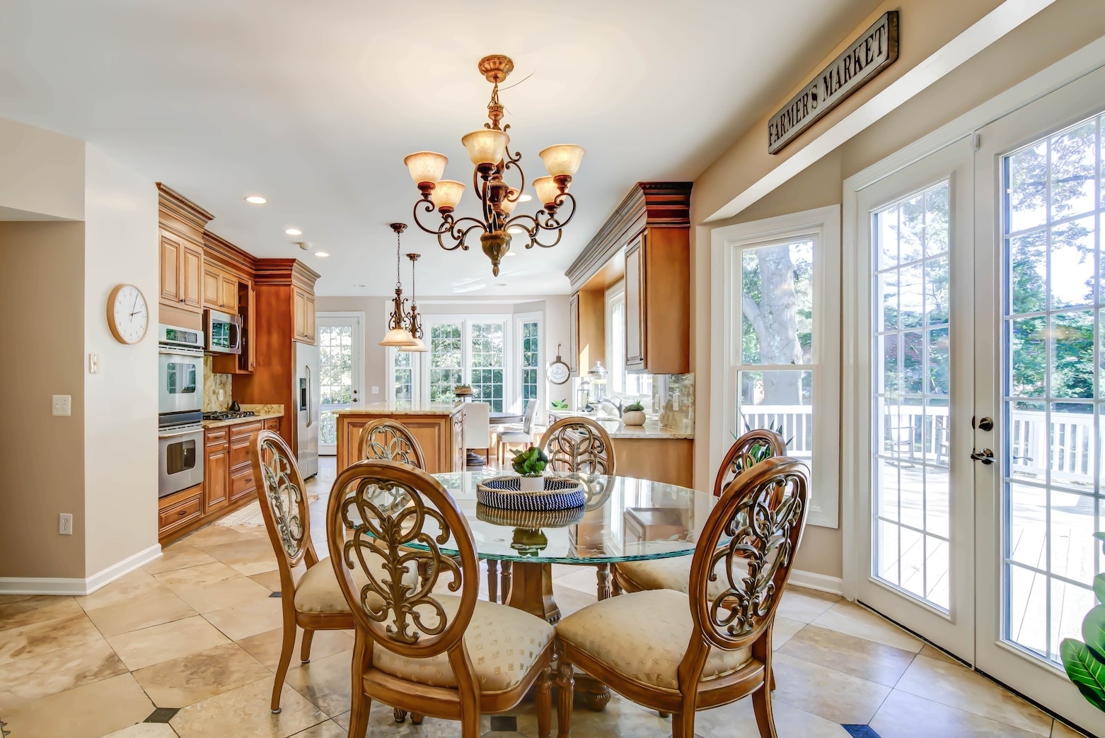  cozy dining area with a round table and French doors leading outside