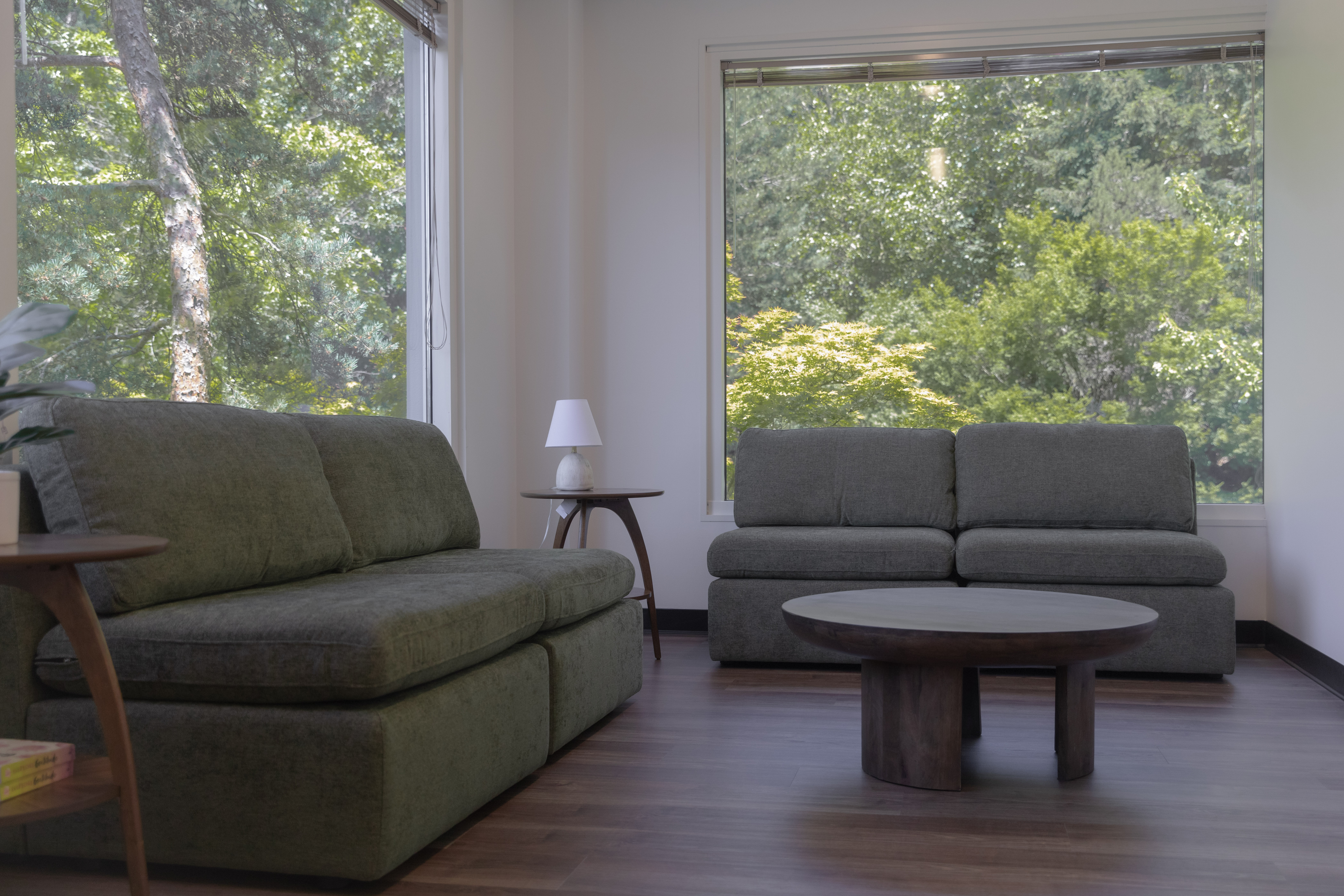 Living room with couches and large windows, overlooking greenery.