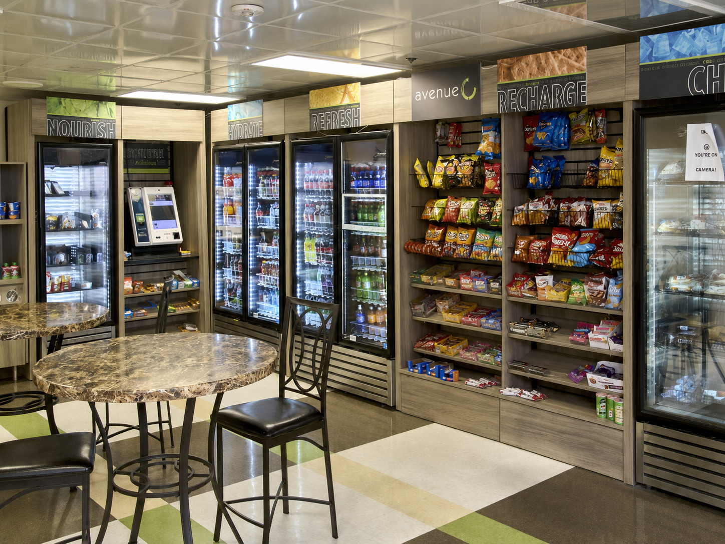 Café area with beverages, snacks, and seating