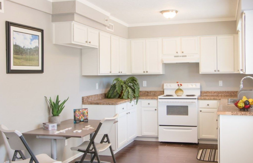 Bright kitchen with white cabinets and countertop plants
