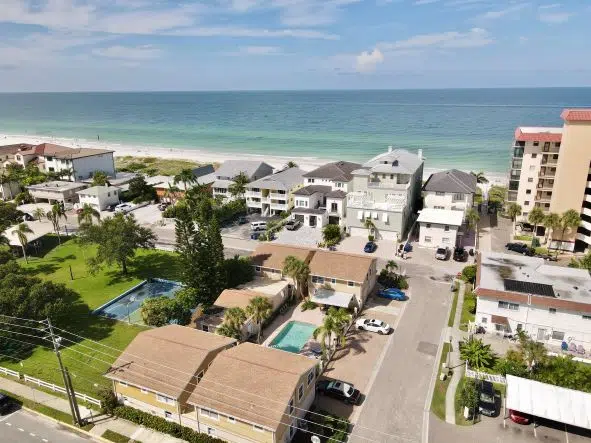Aerial view of a facility neighborhood, showing homes.
