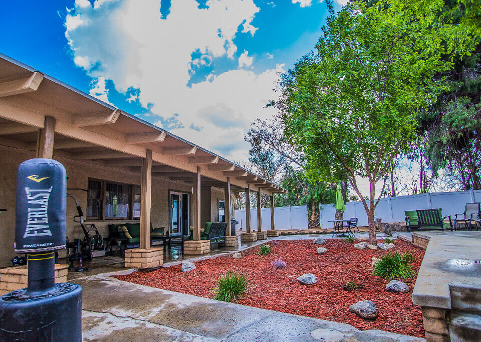 Outdoor yard with mulch landscaping and covered patio