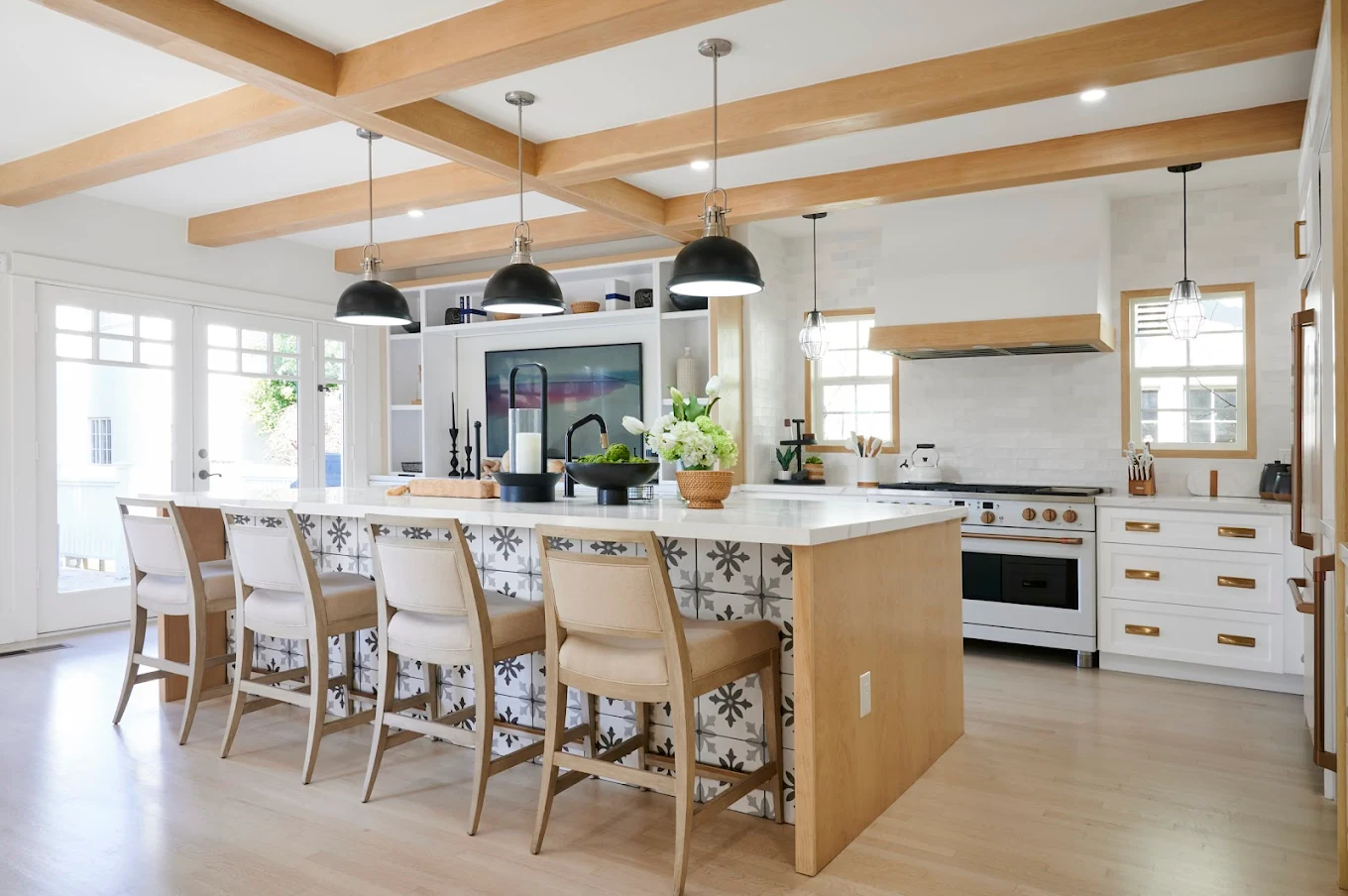 Modern kitchen with bar seating and pendant lights