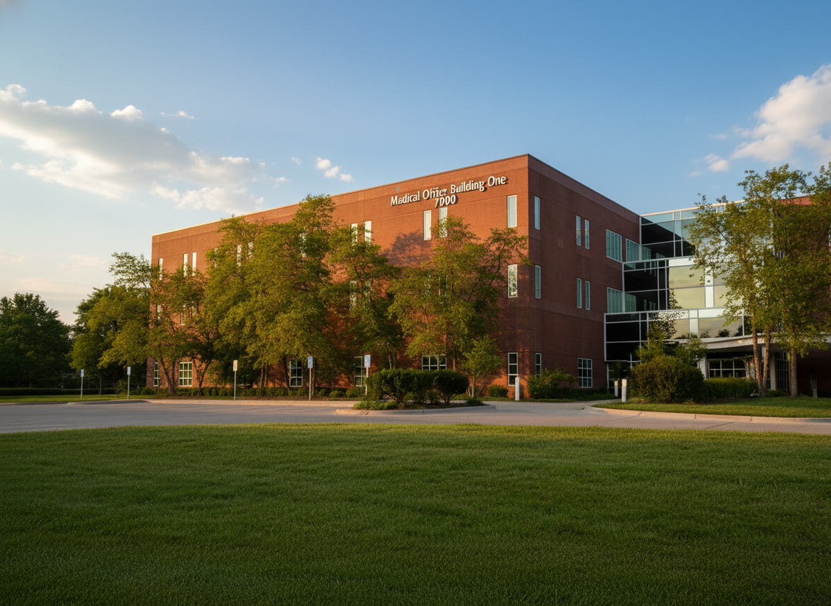 Brick medical office building surrounded by trees at sunset.