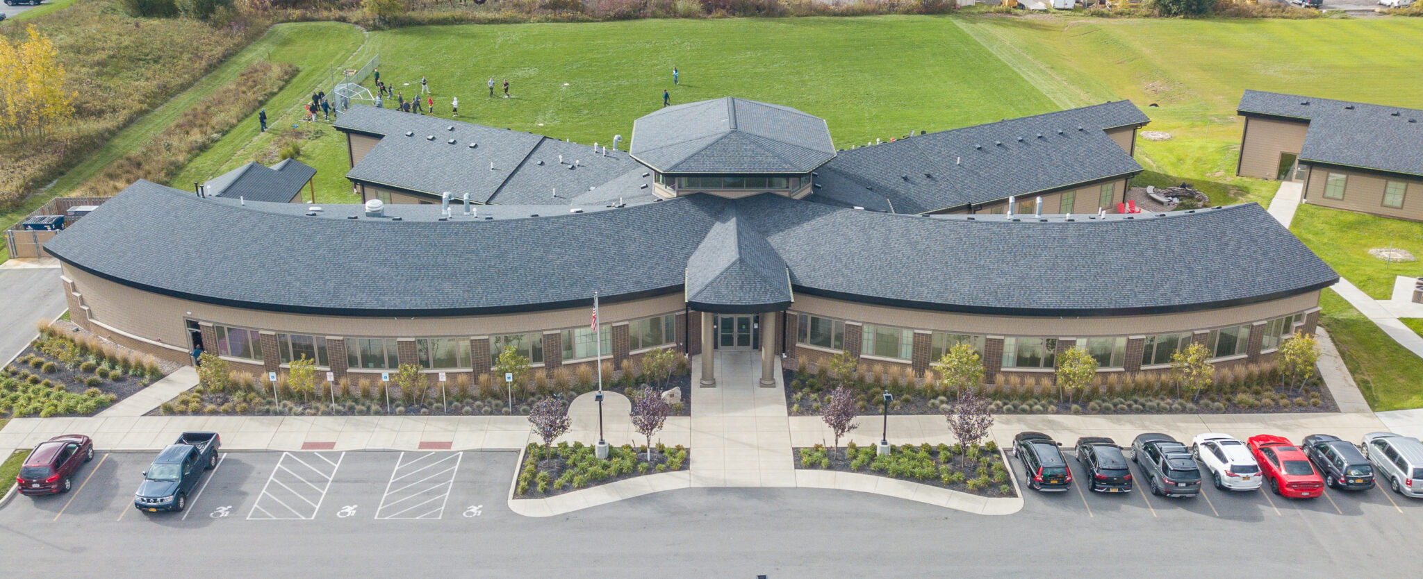 Aerial view of curved residential rehab building