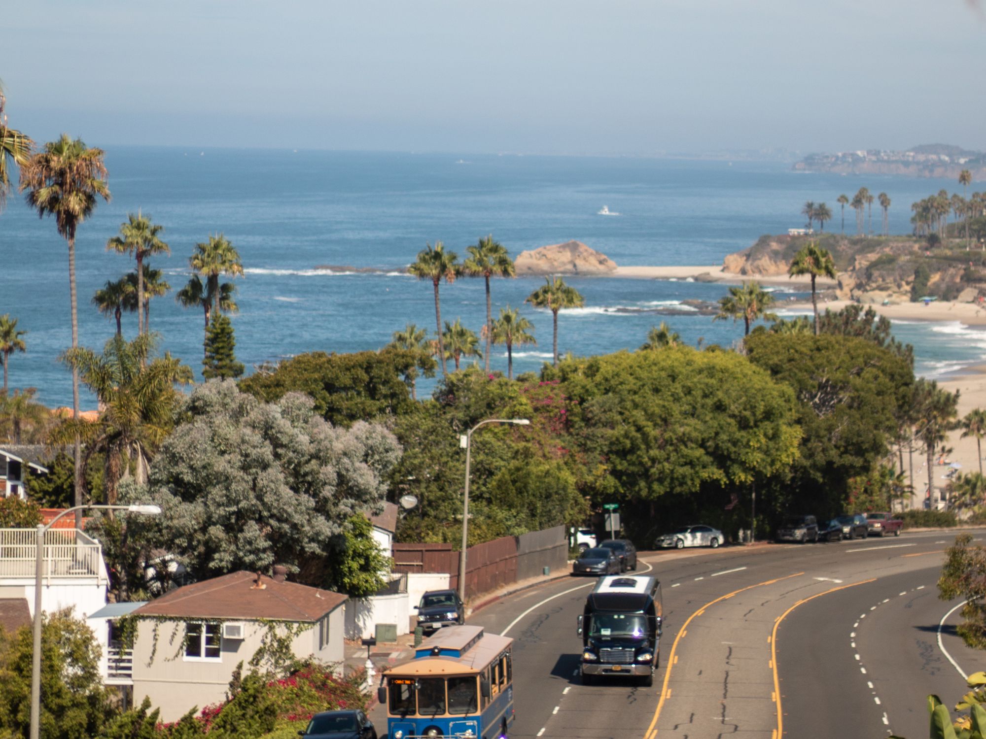 Coastal scene with palm trees, lush greenery, and a scenic beach view. The winding road below adds to the relaxed and inviting vibe.