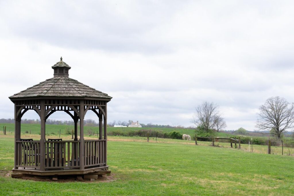 Wooden gazebo in an open green field with a horse grazing in the background
