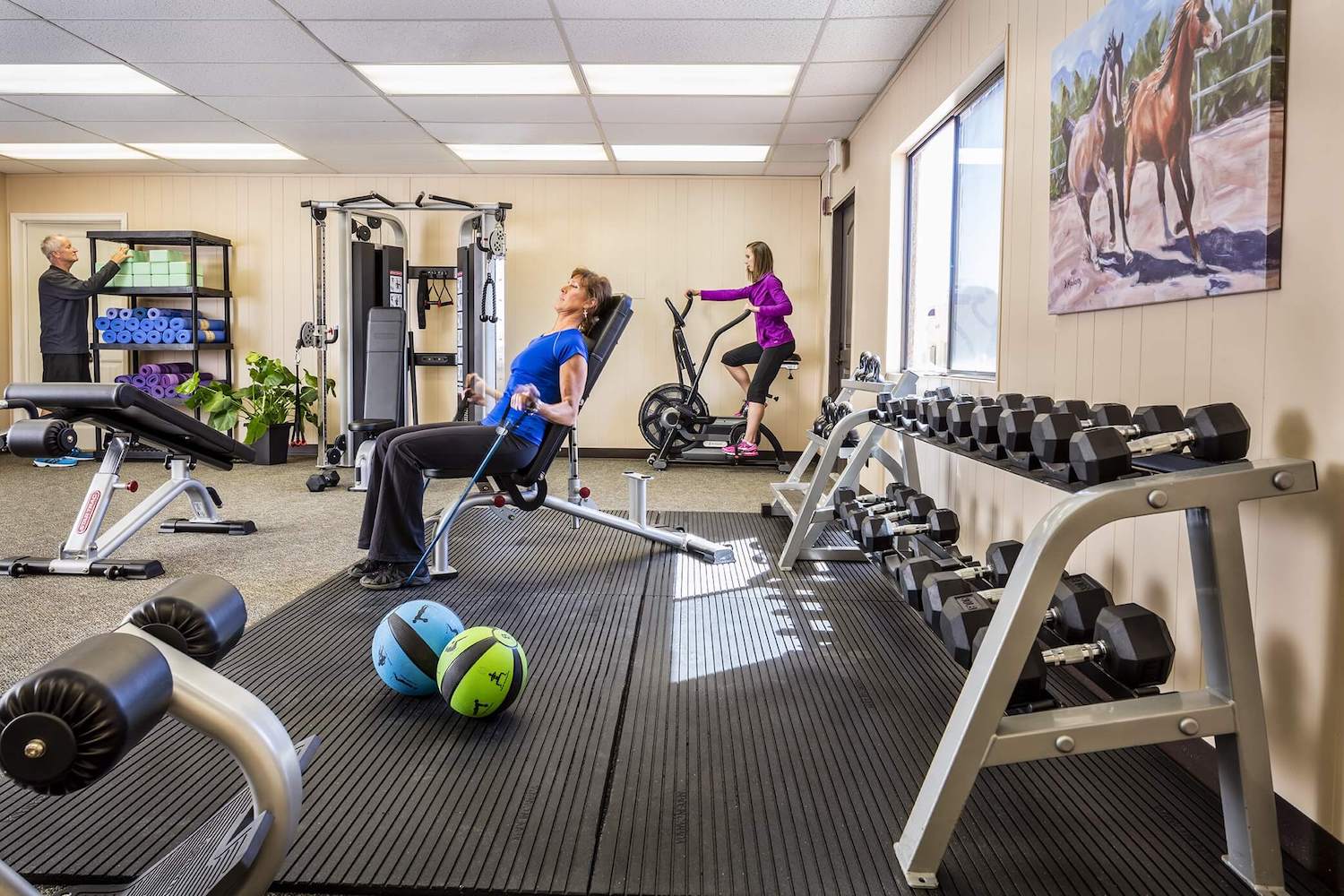 Indoor gym with workout equipment and natural light at Sabino Recovery