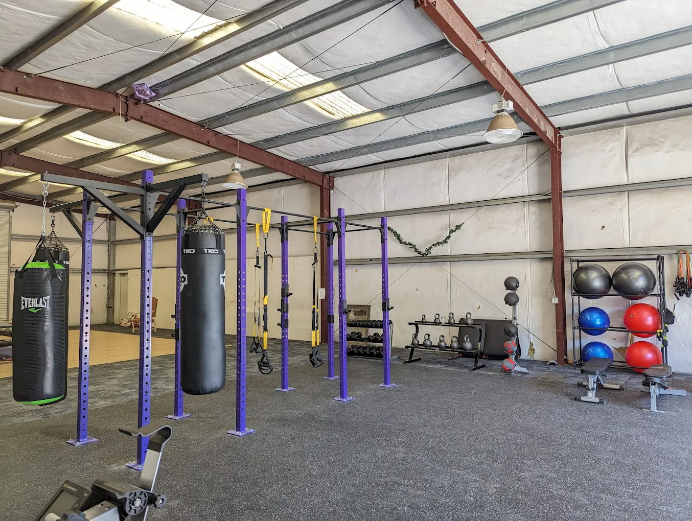 Fitness gym with weights and boxing bags