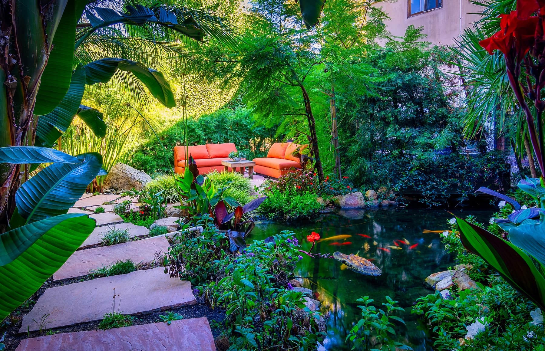 Tranquil koi pond surrounded by lush greenery
