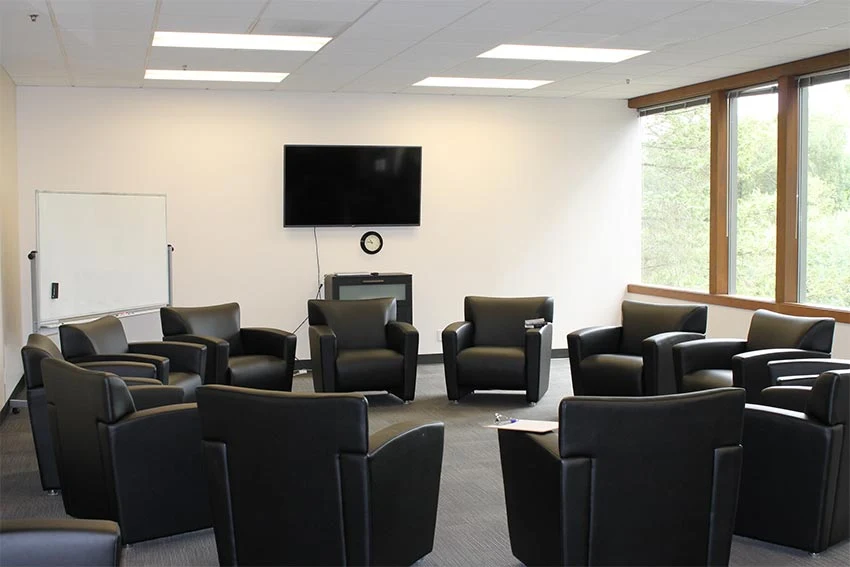 Modern therapy room with black armchairs arranged in a circle, TV screen, and natural light from large windows