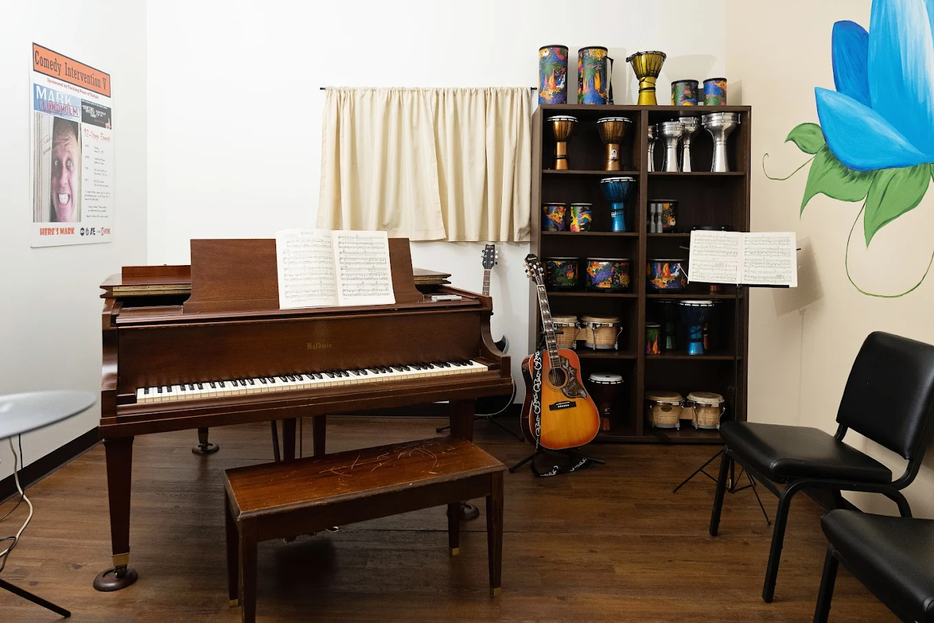 Piano, guitars, and drums arranged in music room