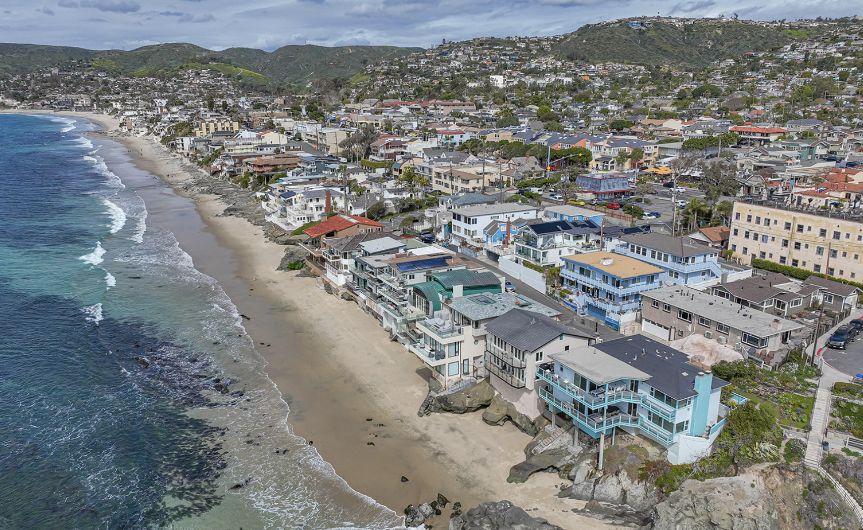 Aerial view of beachfront homes in Laguna Beach