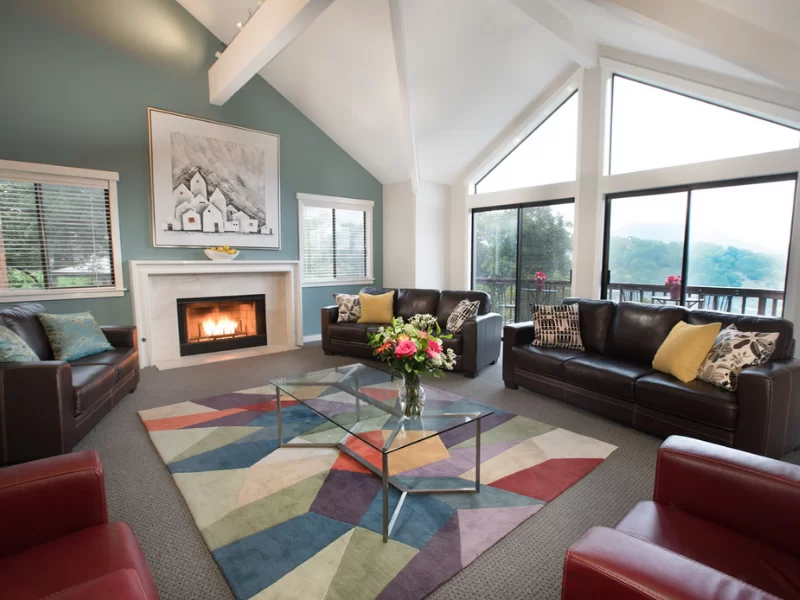 Bright living room with fireplace, large windows, and comfortable seating