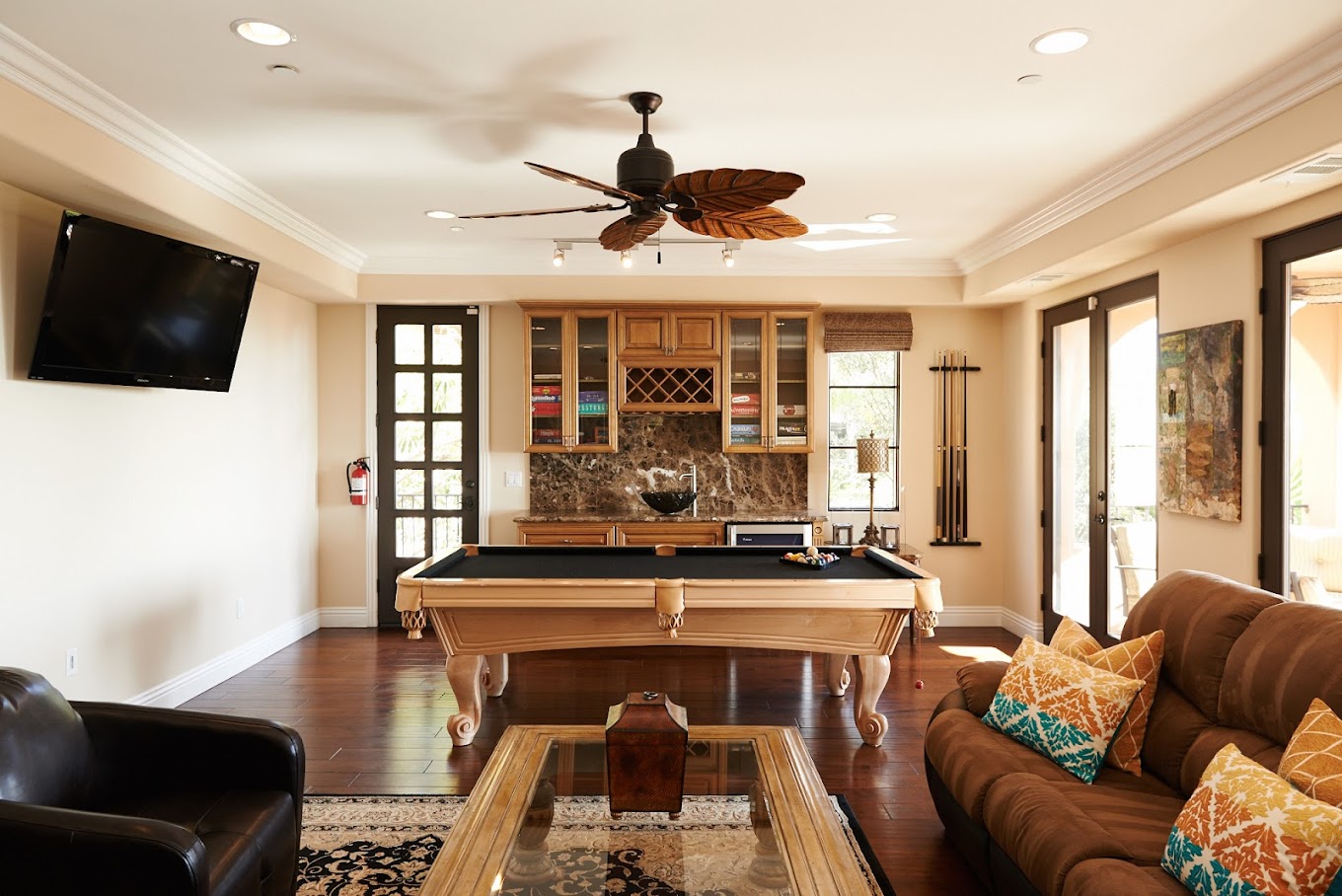 Elegant game room with pool table.