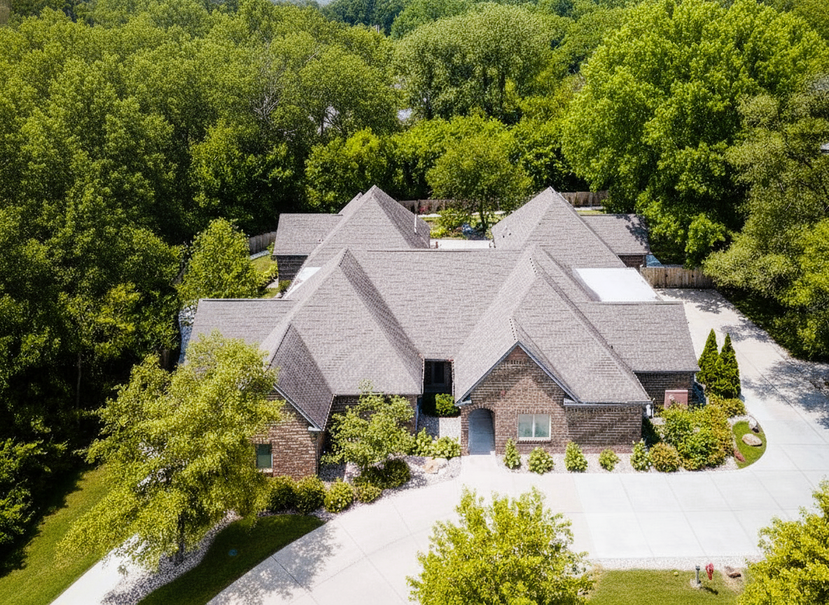 Drone view of brick treatment center surrounded by trees.