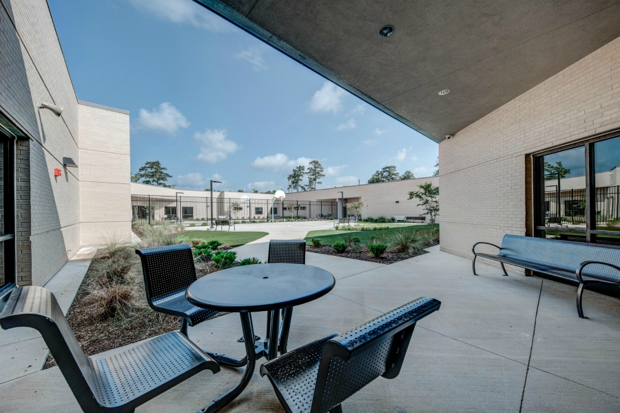 Shaded seating area facing the courtyard