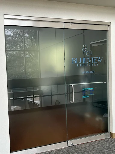 Glass doors with Blueview Recovery logo and contact info