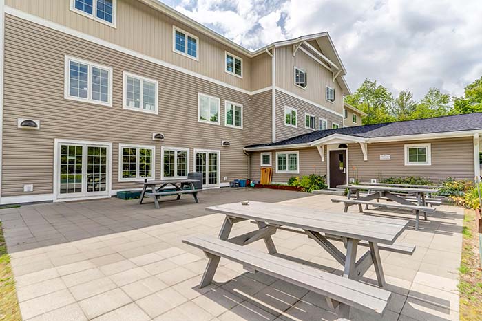 Outdoor patio with picnic tables