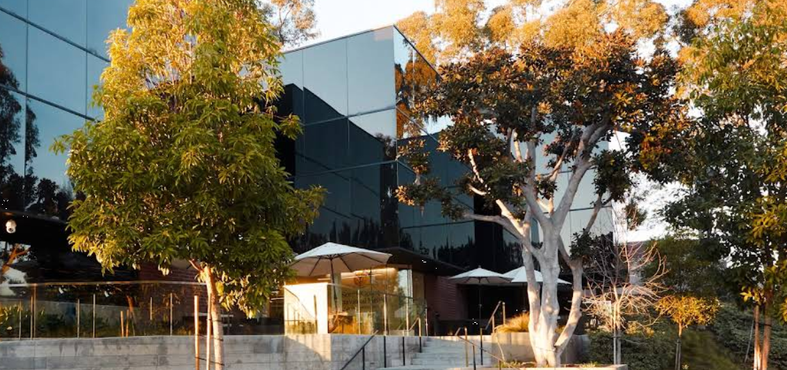 Modern glass building with trees at rehab center entrance