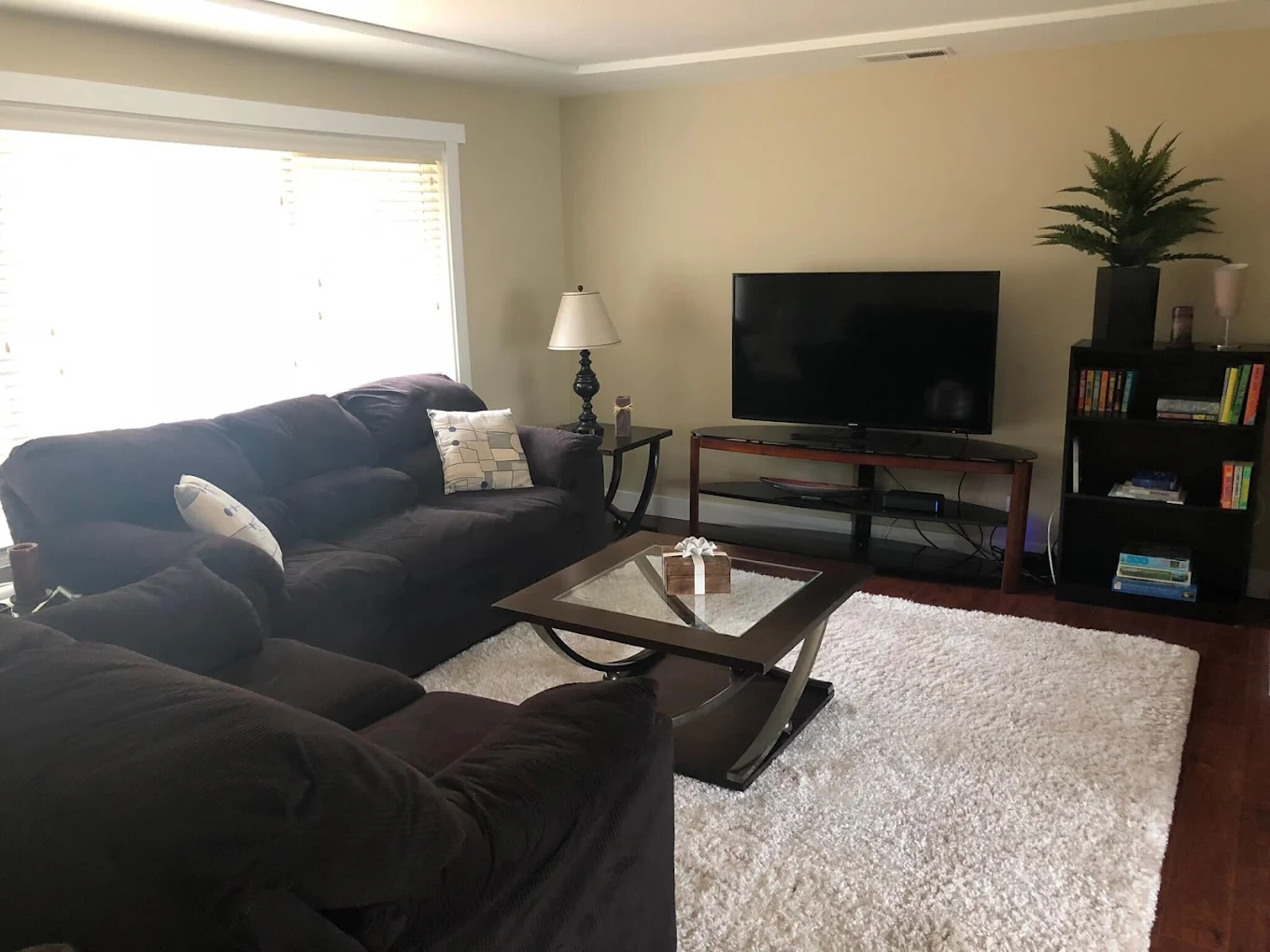 Couch seating with large TV and bookshelf