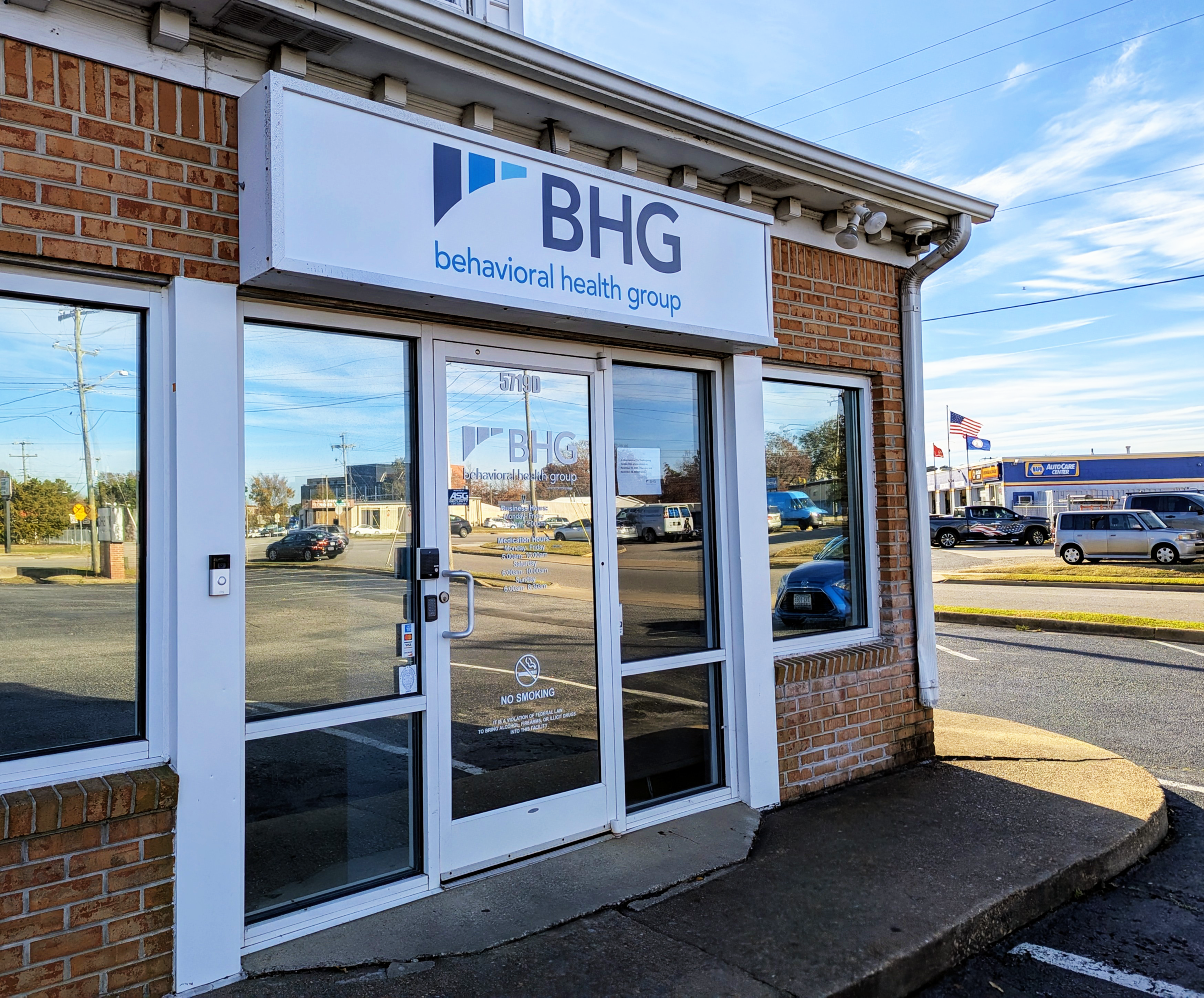 Main entrance with BHG Behavioral Health Group sign