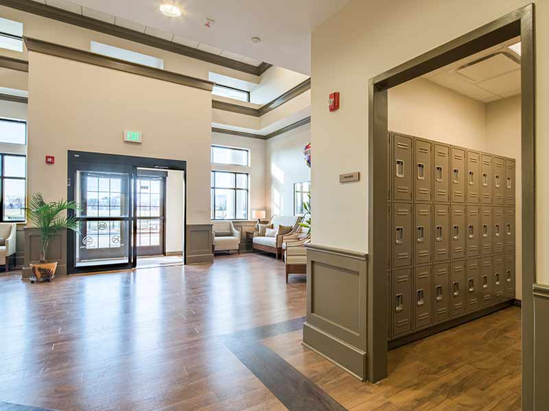 Client locker storage area near entrance lobby at residential treatment center