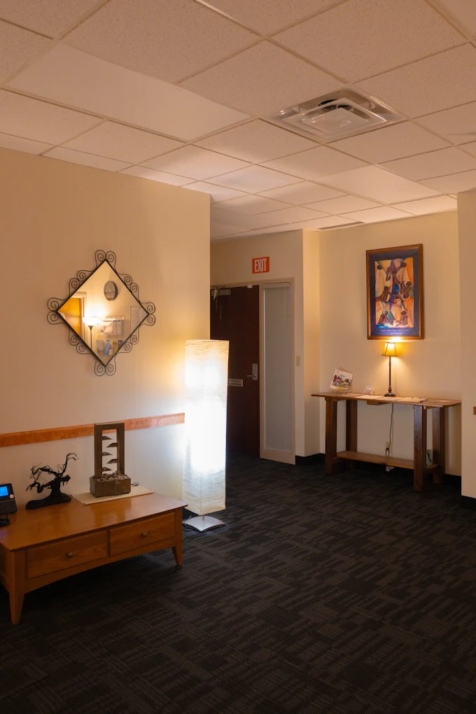 Reception area with soft lighting and decor