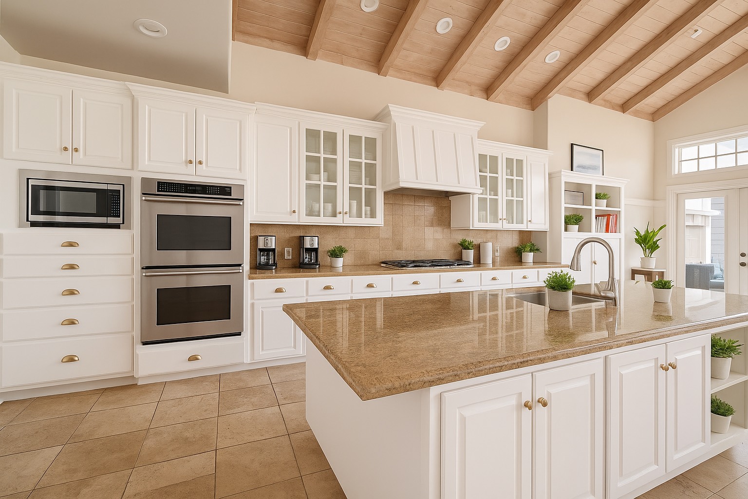 Modern kitchen with white cabinets, double ovens, and large island.