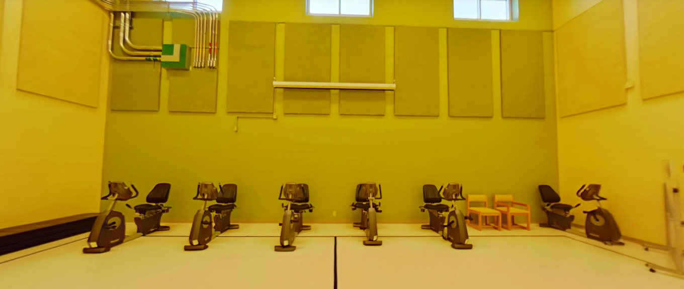 Row of recumbent bikes in a bright fitness room
