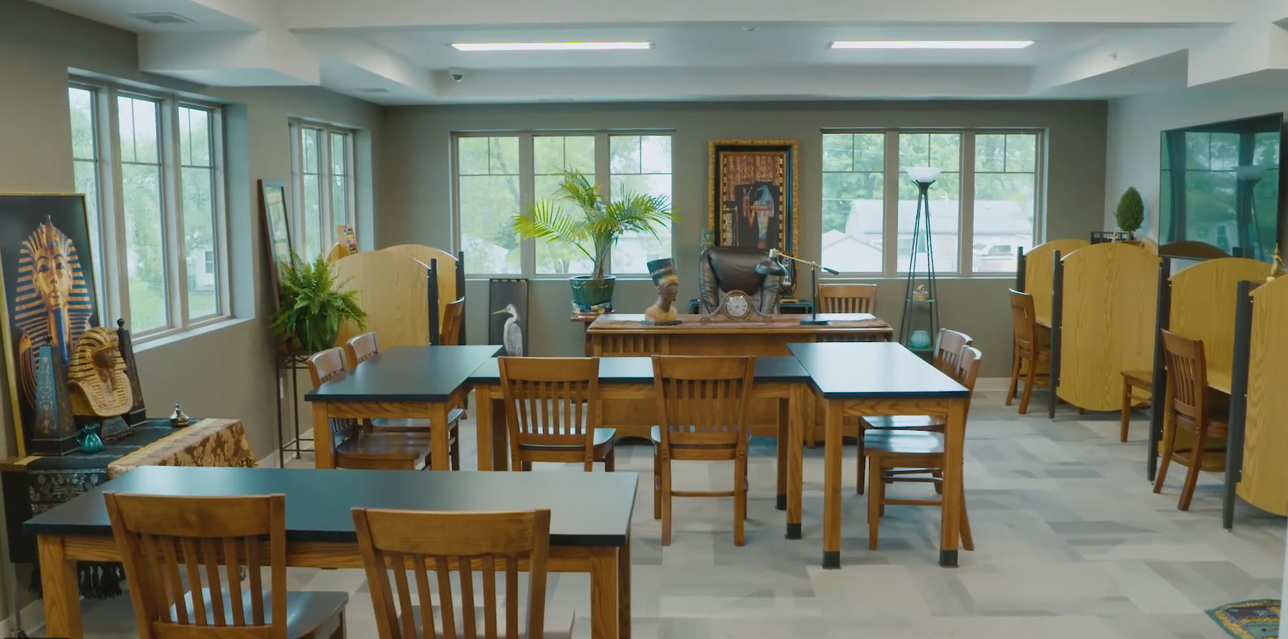 Classroom with desks and privacy study booths