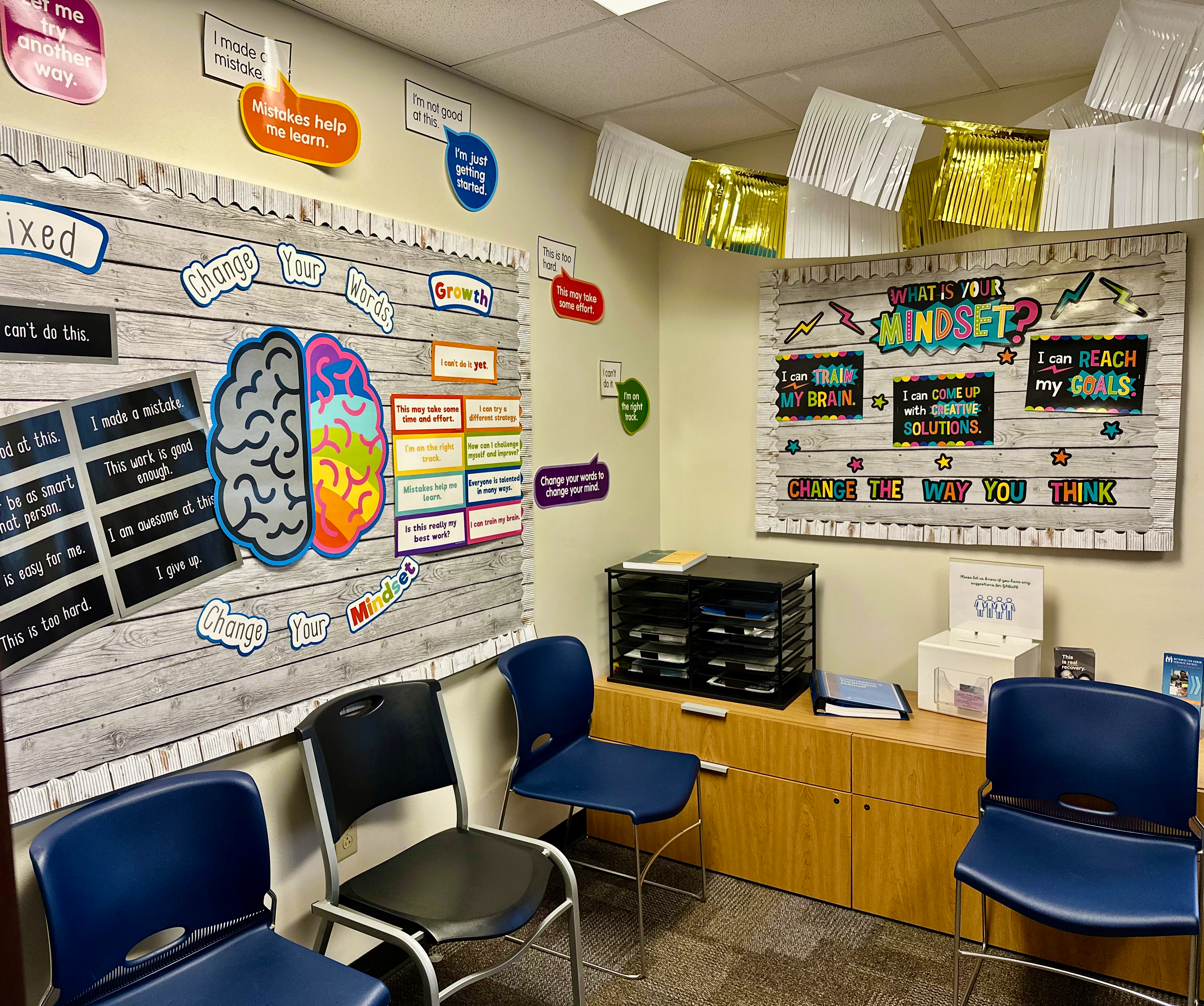 Wellness room with motivational displays and seating