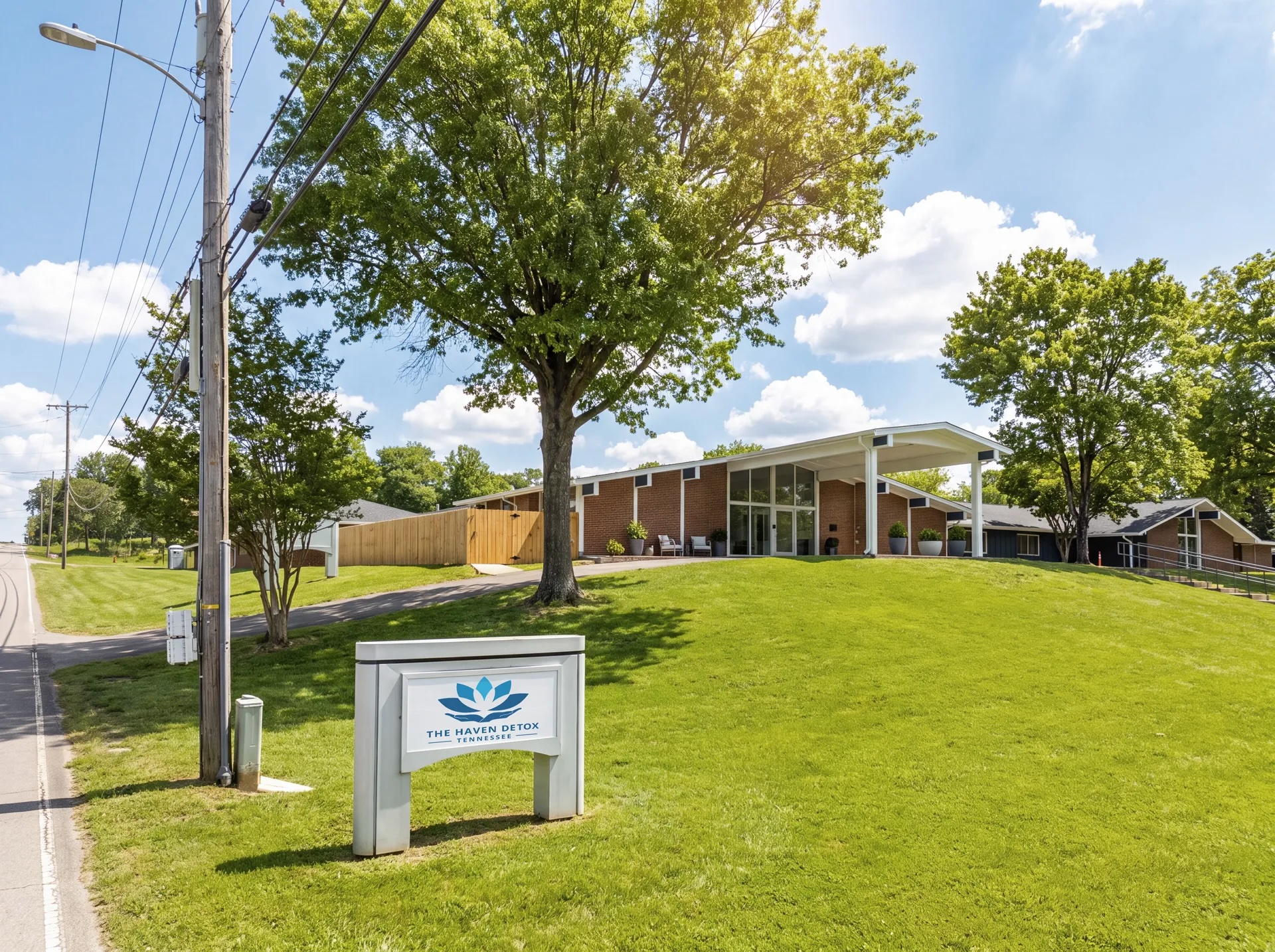 Facility exterior on a grassy property with roadside sign