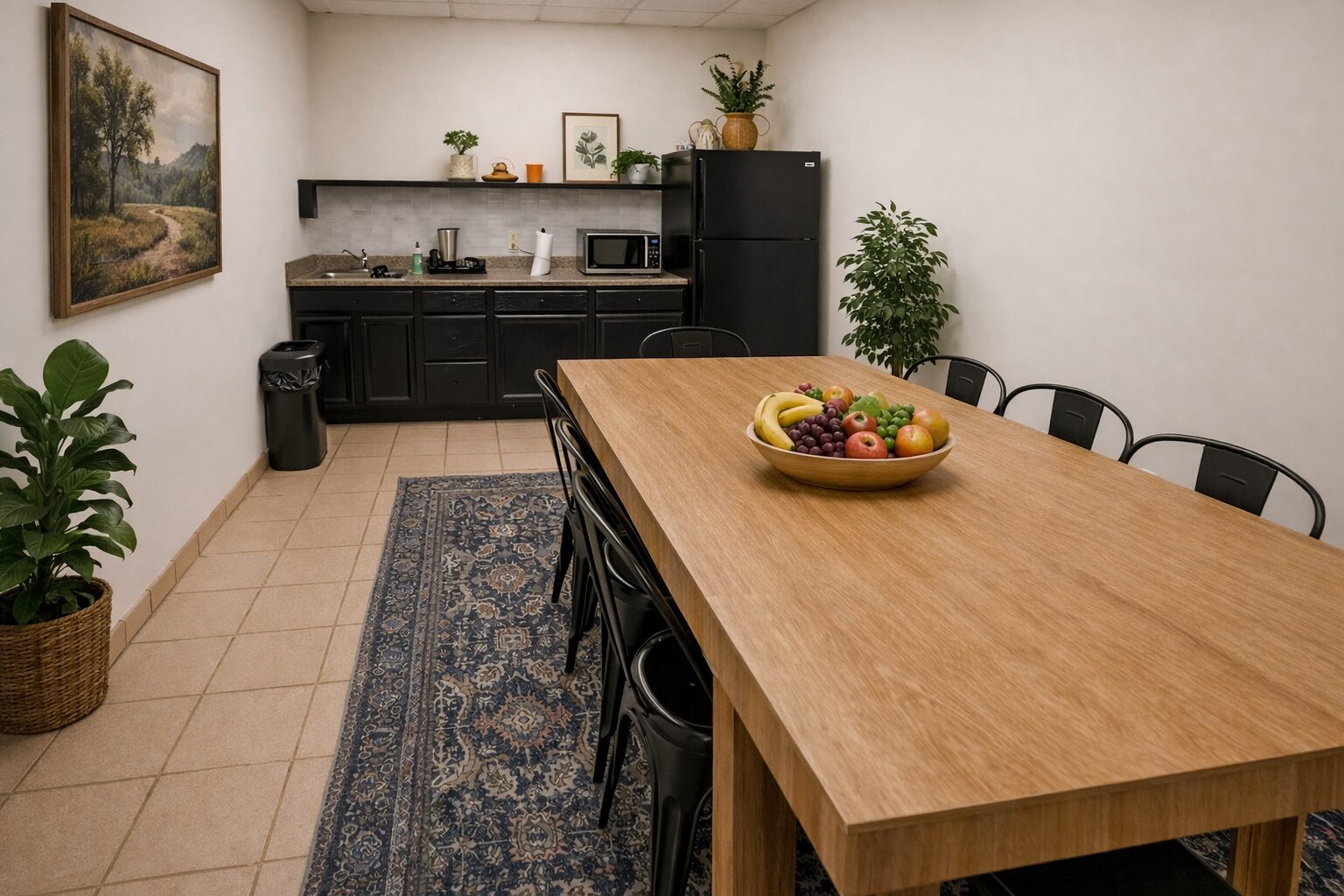 Kitchenette with fridge, microwave, and dining table