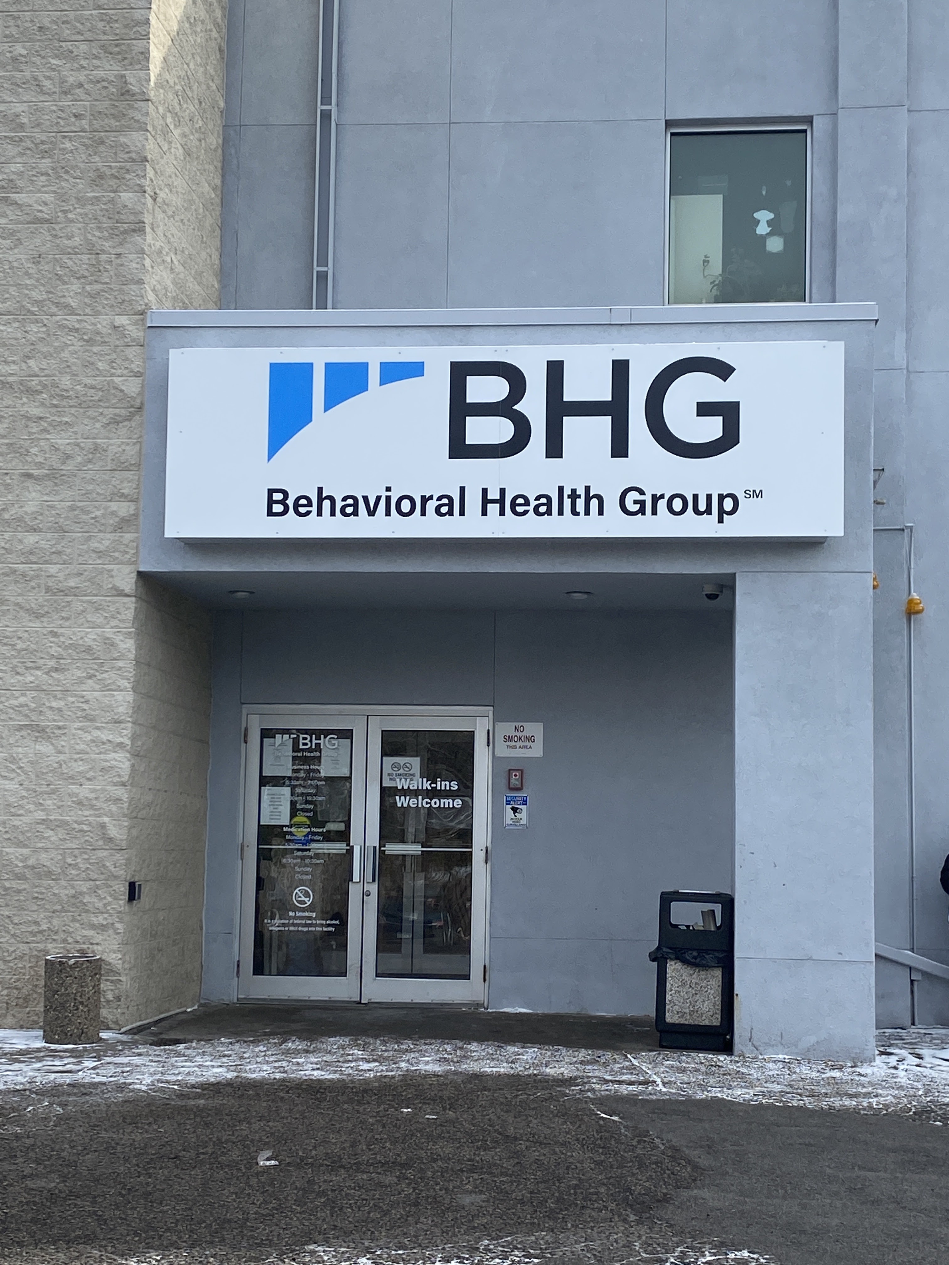 Exterior entrance with BHG sign above the doorway