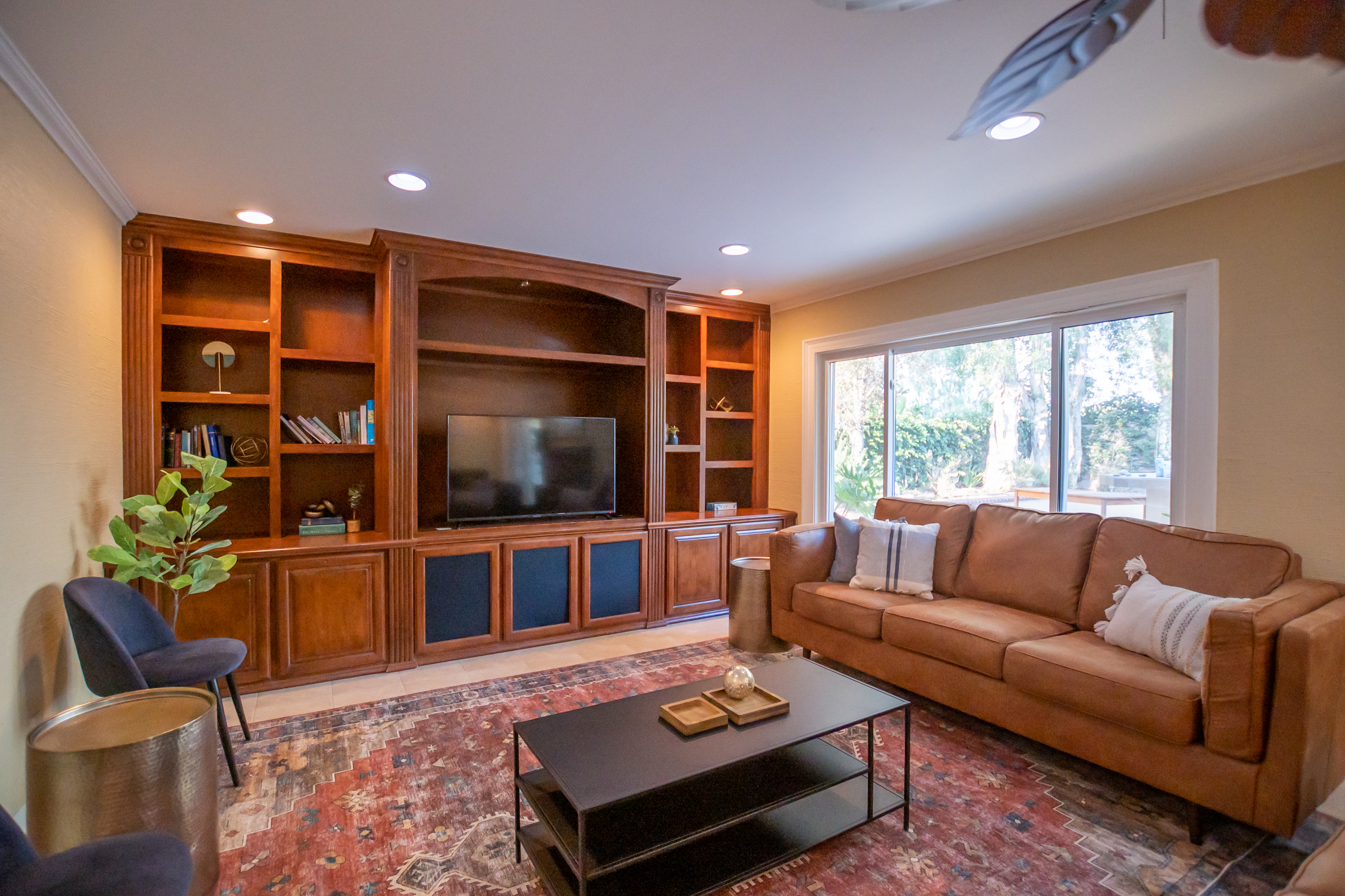 Lounge with TV, bookshelf, and sofa