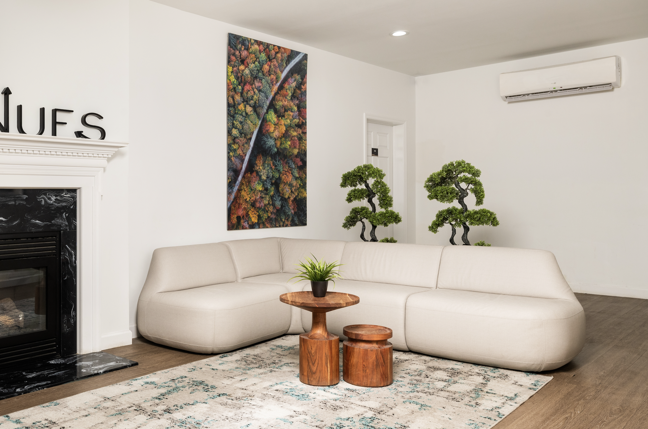 White sectional sofa and bonsai trees in modern lounge