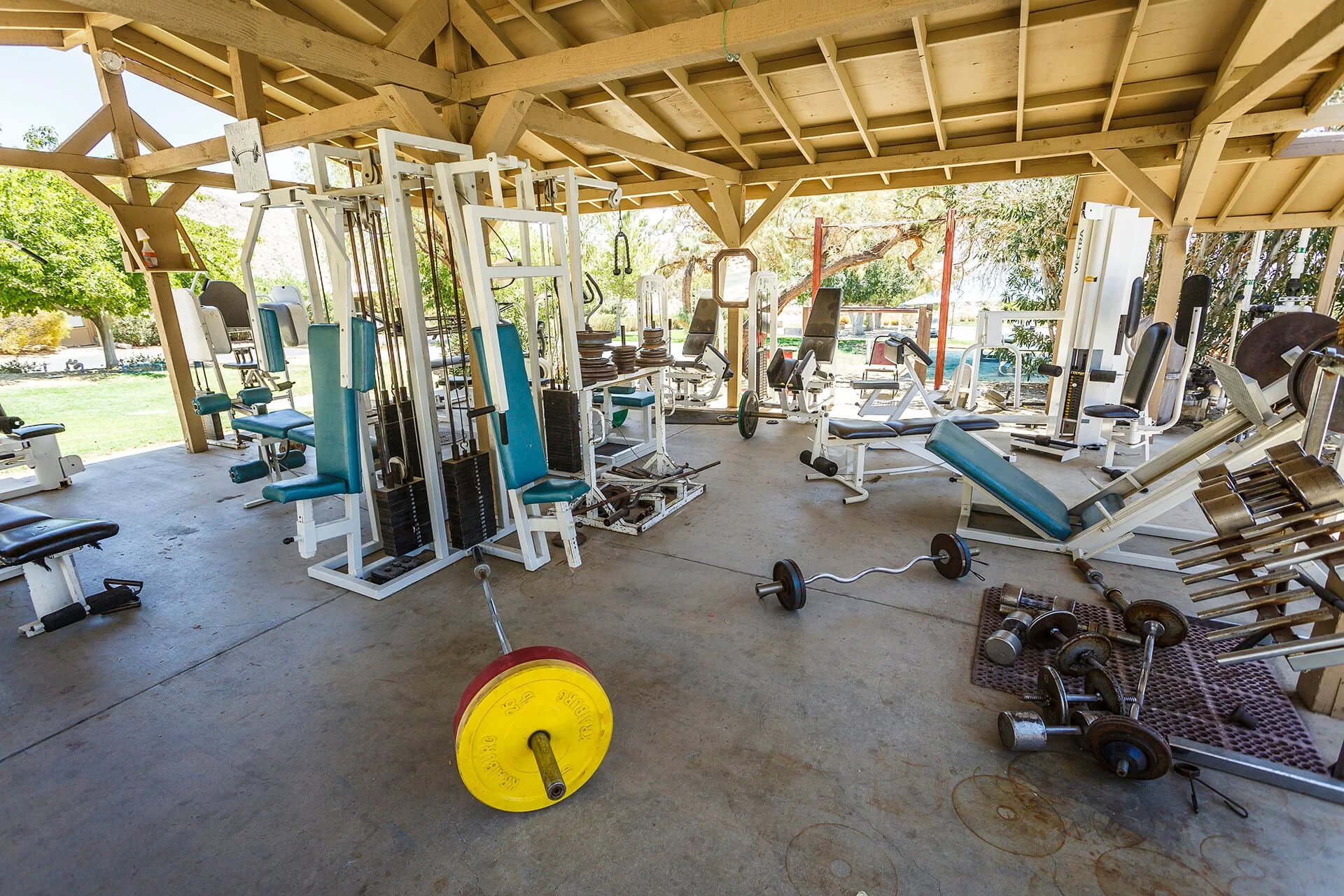 Covered outdoor gym with weight machines and free weights