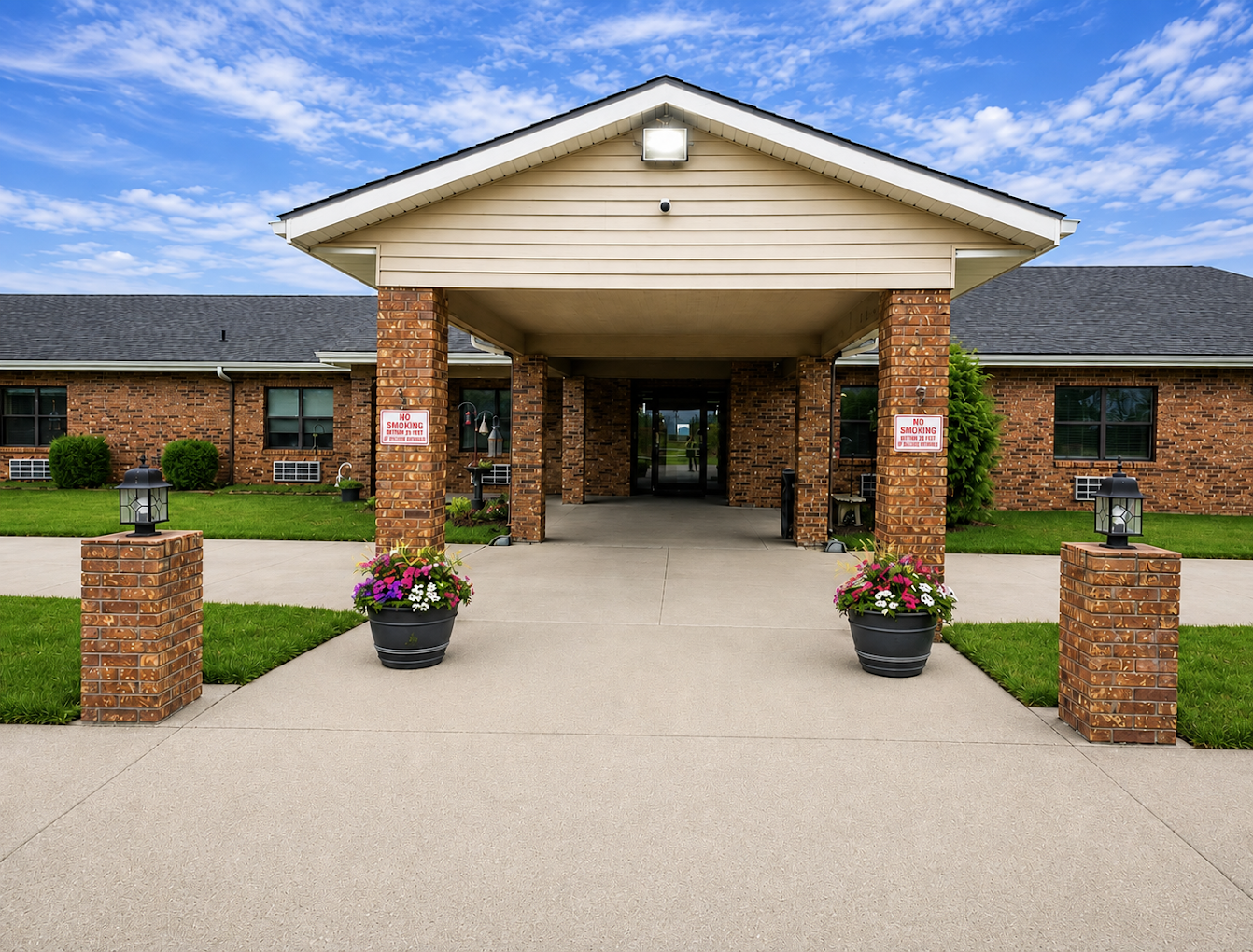Covered main entrance with brick columns and flower planters