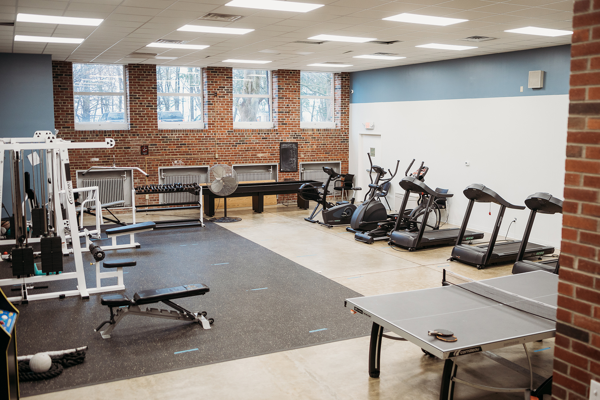 Spacious gym with treadmills and weight machines