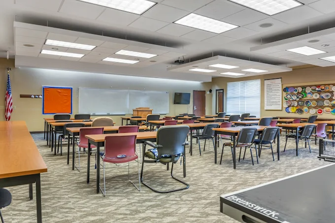 Classroom with desks and whiteboard