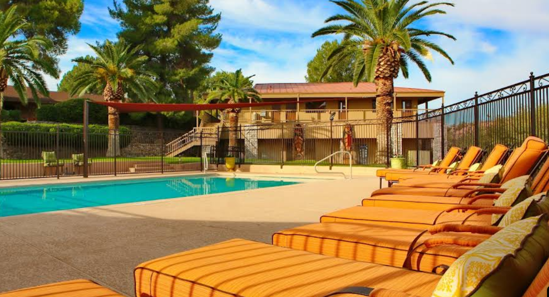 Outdoor pool with lounge chairs and palm trees