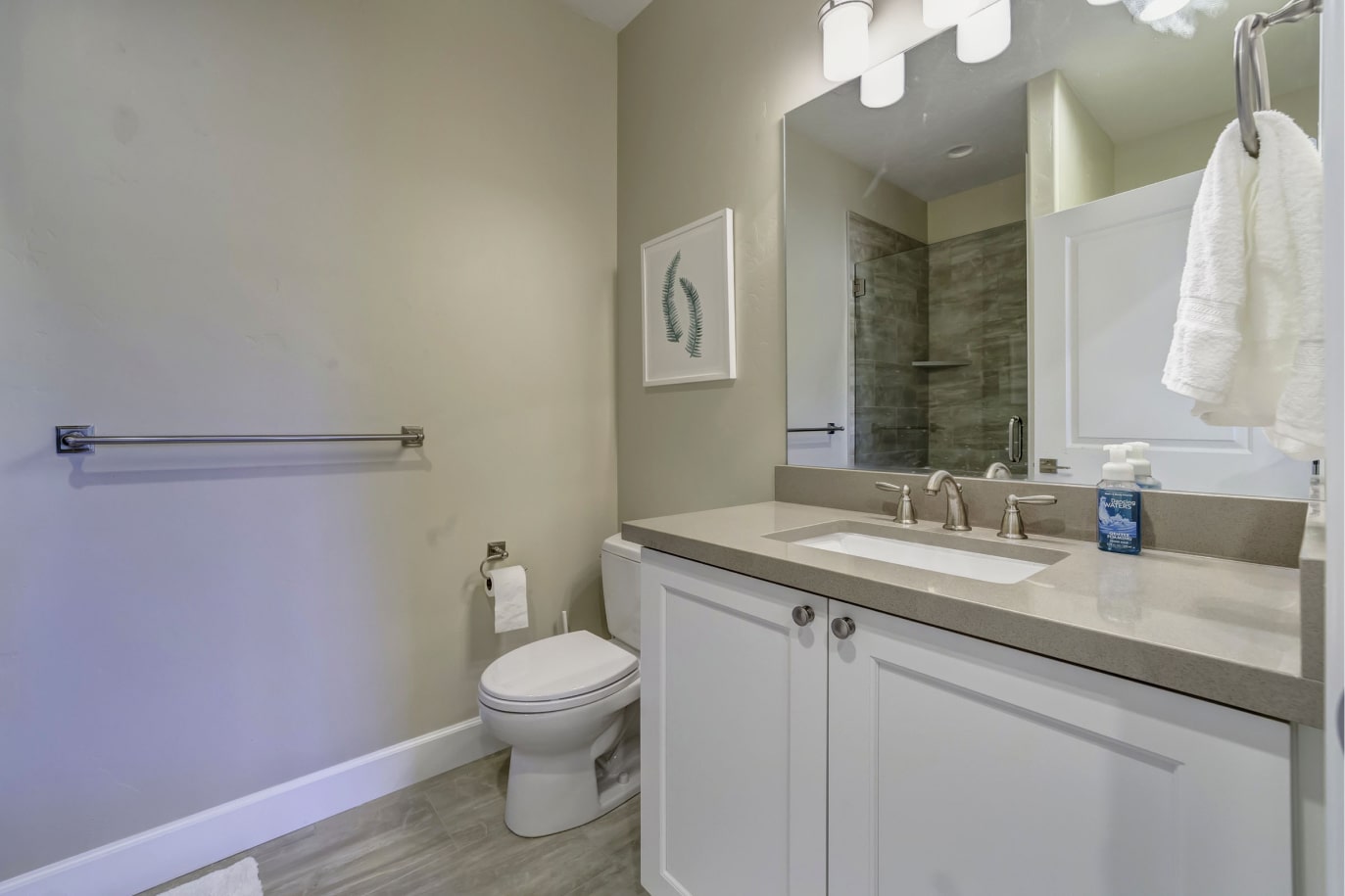 Modern private bathroom with vanity and walk-in shower