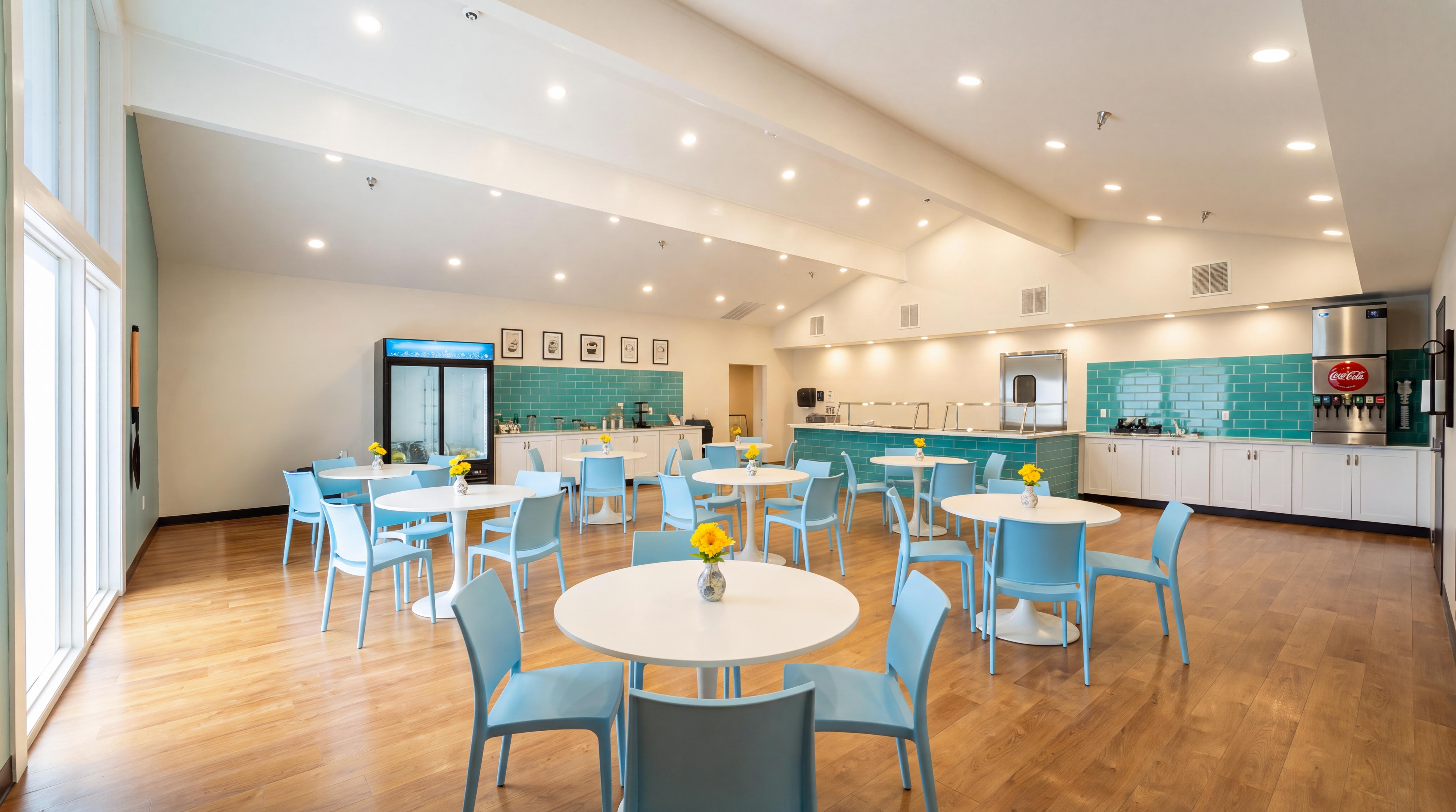 Bright dining area with round tables, chairs, and serving counter