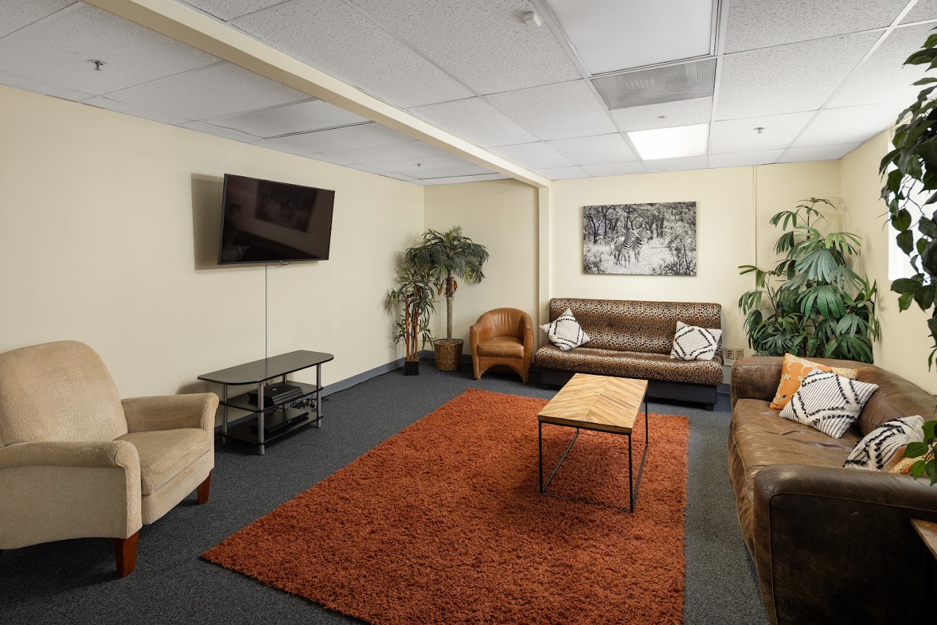 Private sitting area with TV and plush couches.