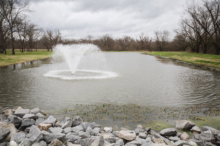 Fountain in the middle of a serene pond surrounded by grass and trees under a cloudy sky