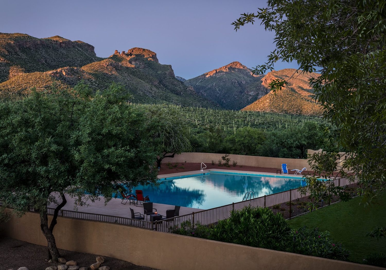 Outdoor swimming pool surrounded by trees with mountain views in the background