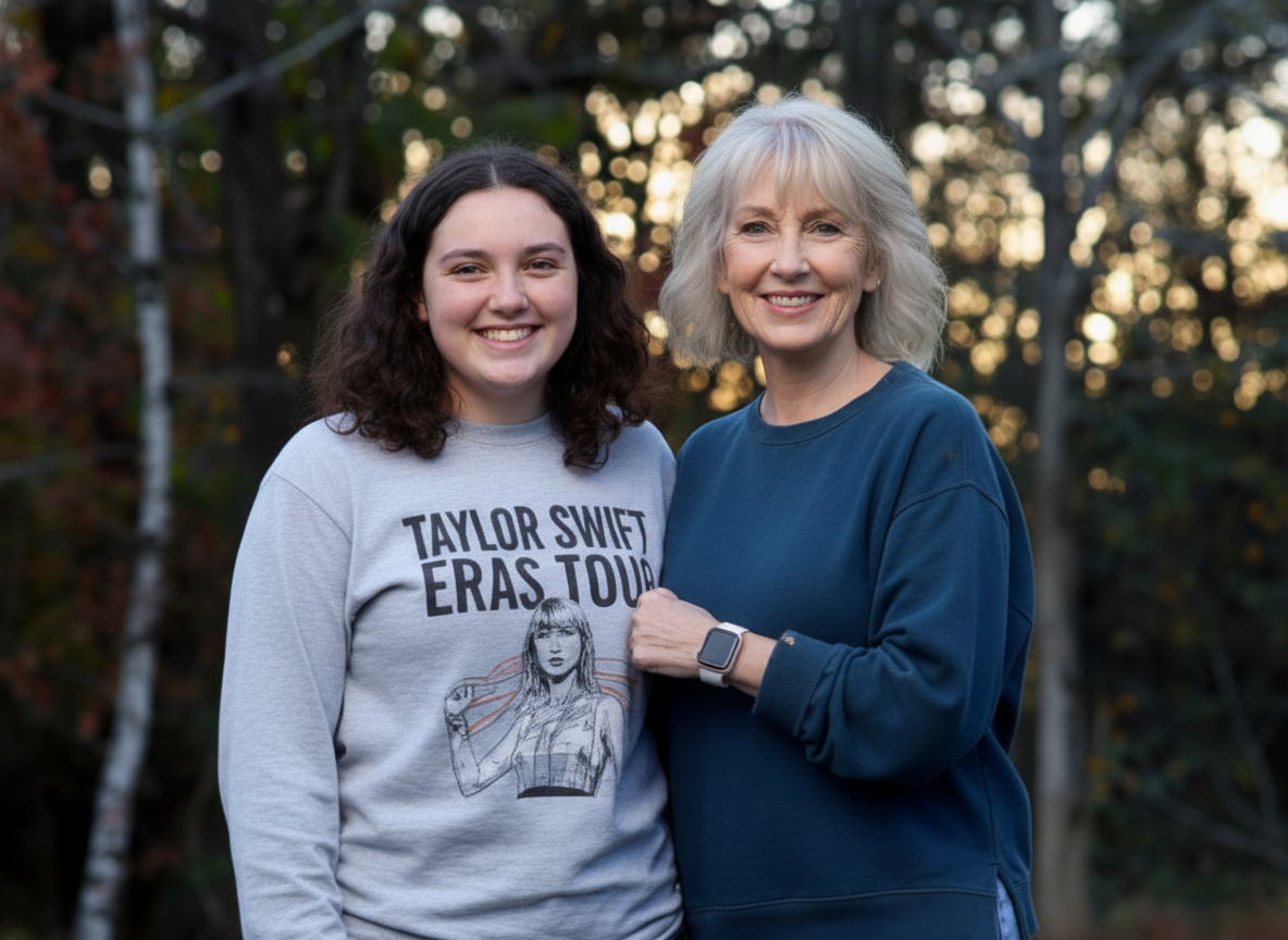 Mother and teen daughter smiling outdoors.