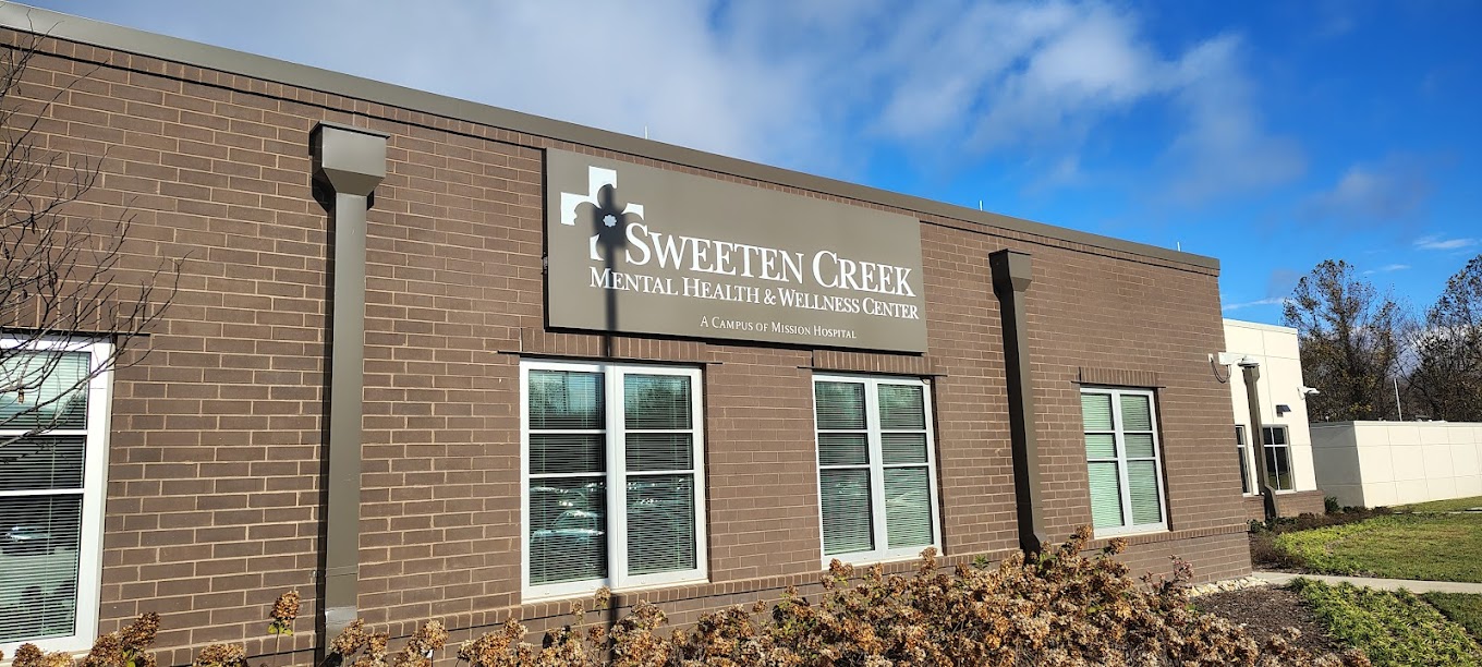 Brick building with center signage and windows