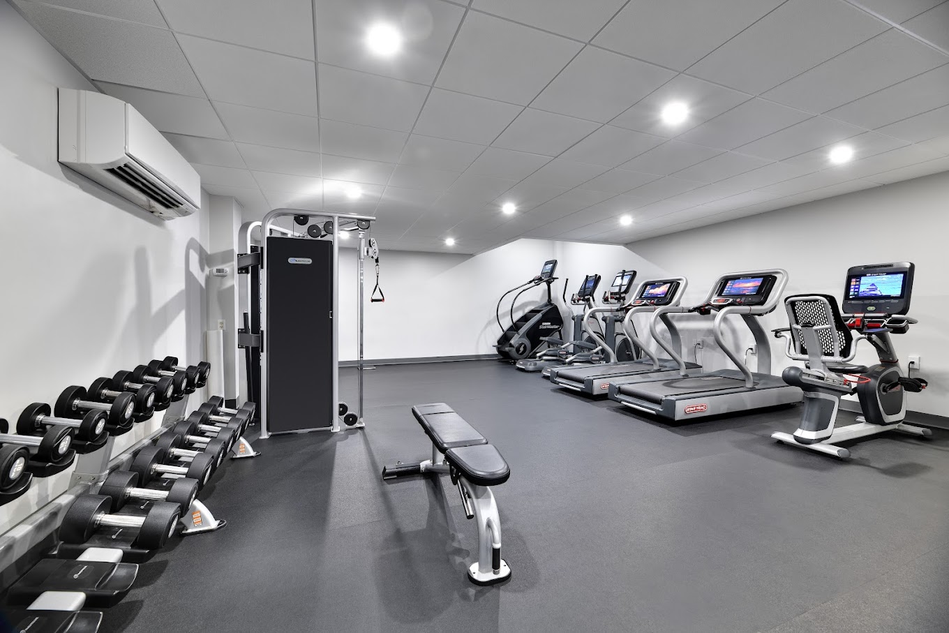 A well-equipped gym with treadmills and weights.